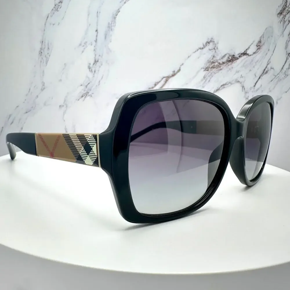 New Burberry Sunglasses Black Square Frames Checkered Arms Gradient BURBERRY - Picture 13 of 16